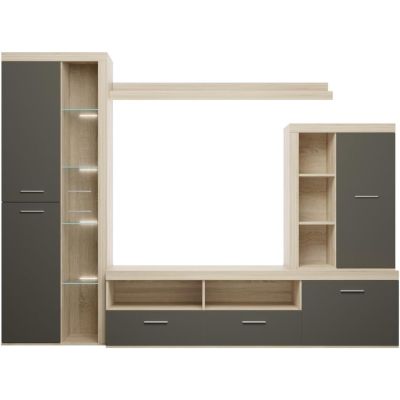 Mueble de Salón Moderno con Leds, Acabado en Cambria, 260x191 cm