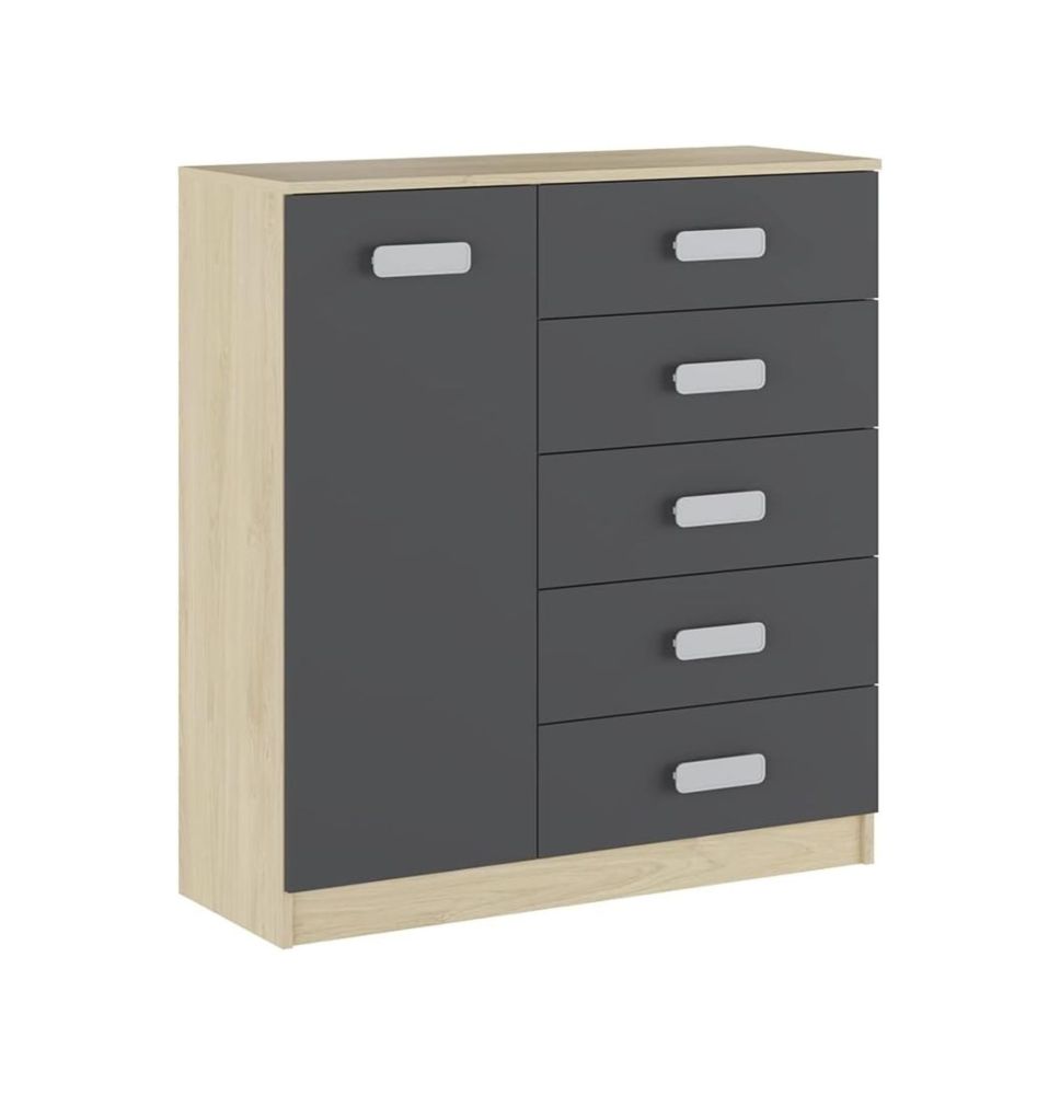 Cómoda Grande para Dormitorio o Salón – Natural y Grafito, 60 x 108 x 60 cm, 1 Puerta y 5 Cajones de Almacenaje.