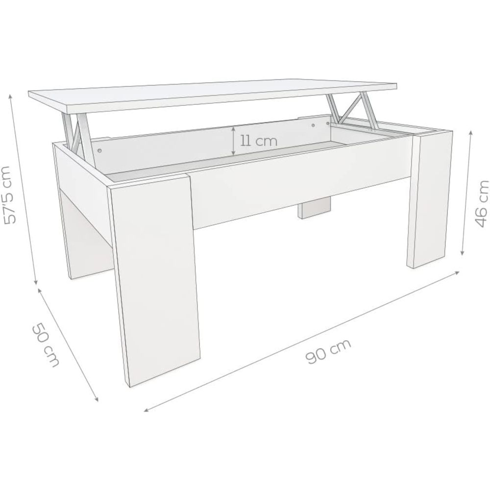 Mesa de Centro Elevable, Mesita de Salón, Acabado en Color nogal, Medidas: 90 cm (Ancho) x 50 cm (Fondo) x 46-57 cm (Alto)