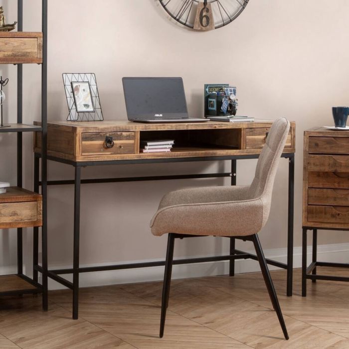 Escritorio Moderno Color Nogal con 2 Cajones y Patas Metálicas Negras – Diseño Elegante y Estable, 112x56x84 cm