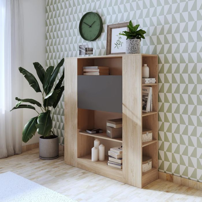 Estantería con Escritorio, Mesa de Ordenador, Acabado en Cambrian y Grafito, Medidas: 119,6 cm (Largo) x 139,6 cm (Alto) x 34