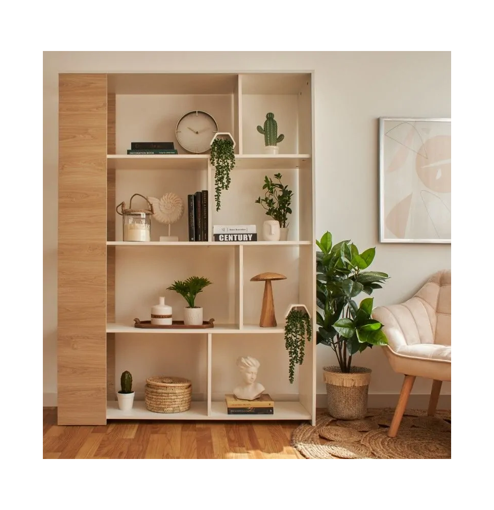 Estantería Decorativa, Librería, Acabado en Roble y Blanco, Medidas: 176 cm (Al) x 129 cm (Anc) x 28 cm (Fon)