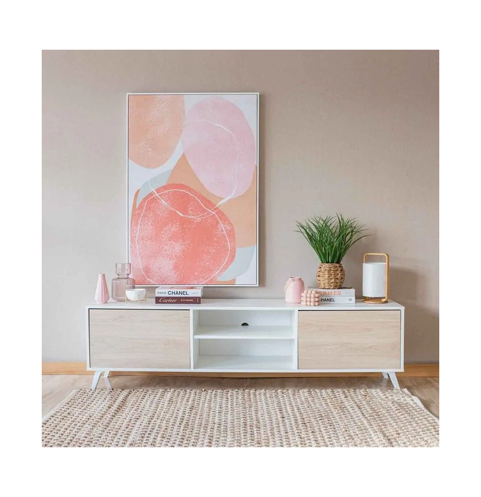 Mueble de TV de Diseño Nórdico, 2 Estantes y 2 Puertas, Cambria - Blanco, 49cm (Al)x 180cm (Anc) x 40cm (Fon)