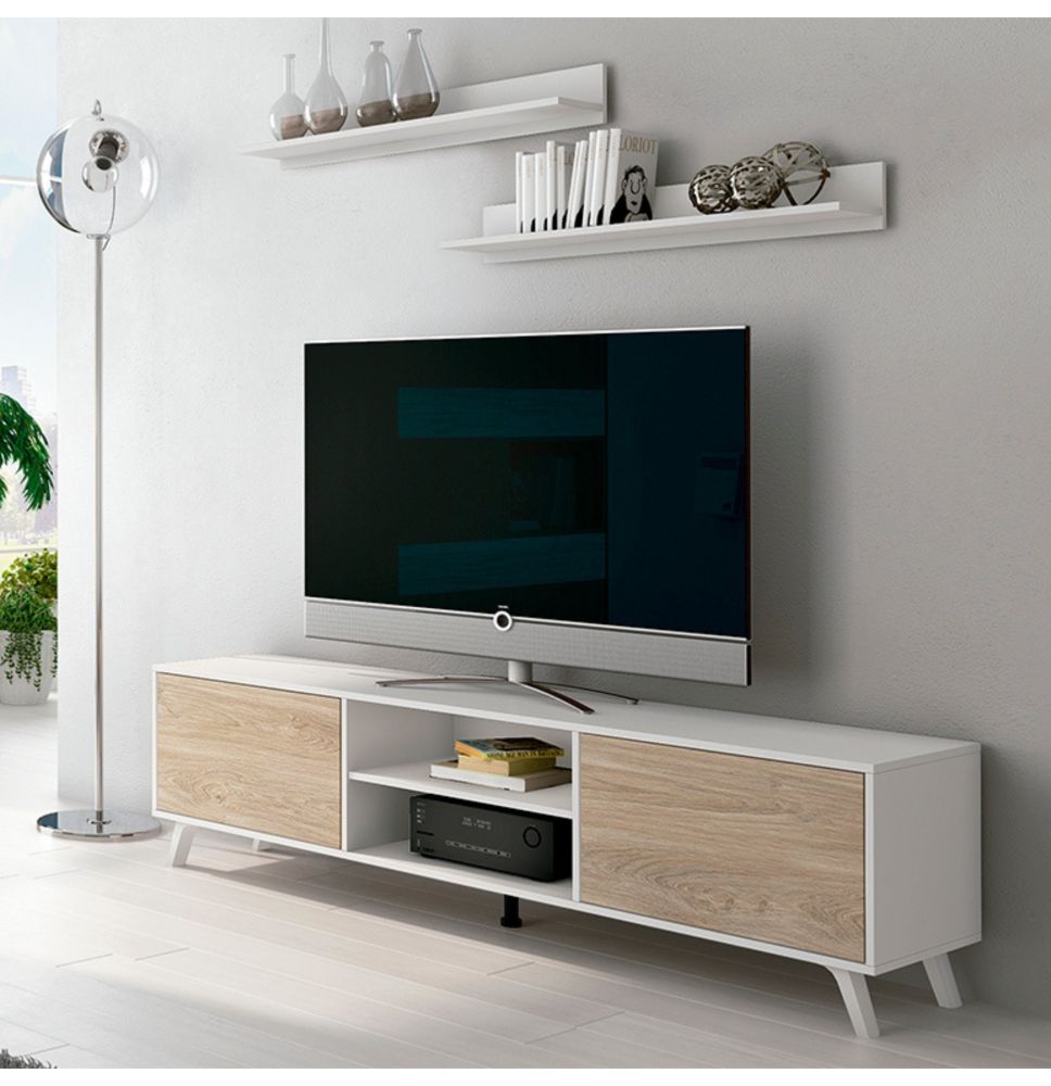 Mueble de TV de Diseño Nórdico + 2 Estantes, 2 Estantes y 2 Puertas,Cambrian-Blanco, 49cm(Al) x 180cm (Anc) x 40cm (Fon)
