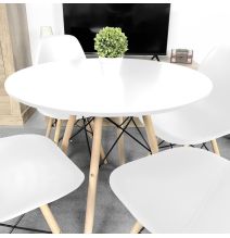 Conjunto Mesa y Sillas Nórdicas: Mesa Blanca (80x80x76 cm) + 4 Sillas con Patas de Madera Haya (46,5 x 48 x 82 cm)