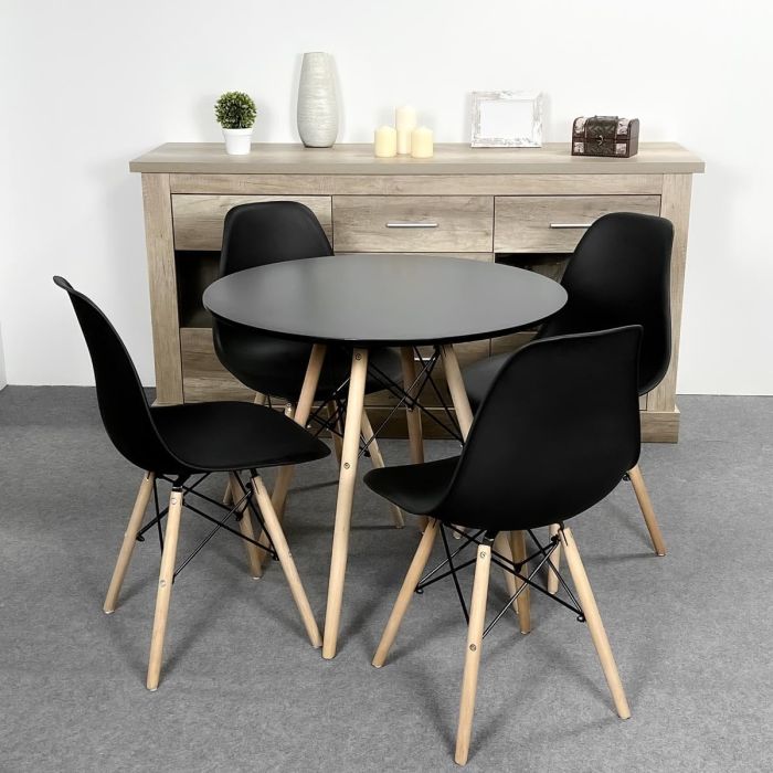 Conjunto Mesa y Sillas Nórdicas: Mesa Negra (80x80x76 cm) + 4 Sillas con Patas de Madera Haya (46,5 x 48 x 82 cm)