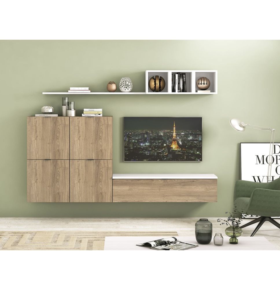 Meyvaser Mueble de salón y TV Conjunto muebles de salón apilable 245 Cm Ancho Color Madera y Blanco