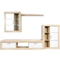 Meyvaser Mueble de salón y TV Moderno con Leds Color Cambria y Blanco Módulo de Comedor 259 Cm