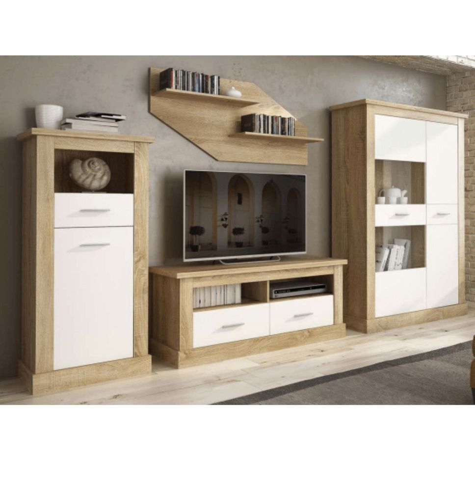 Mueble de Comedor, Mueble Salón, Acabado en Blanco y Cambria, Medidas: 326 cm (Ancho) x 174,7 cm (Alto) x 41,8 cm (Fondo)