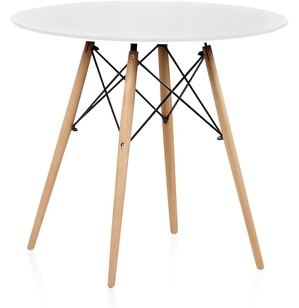 Mesa Redonda de Comedor o Cocina en Patas de Madera y Tapa Blanca – 80 cm de Diámetro y 75 cm de Alto.