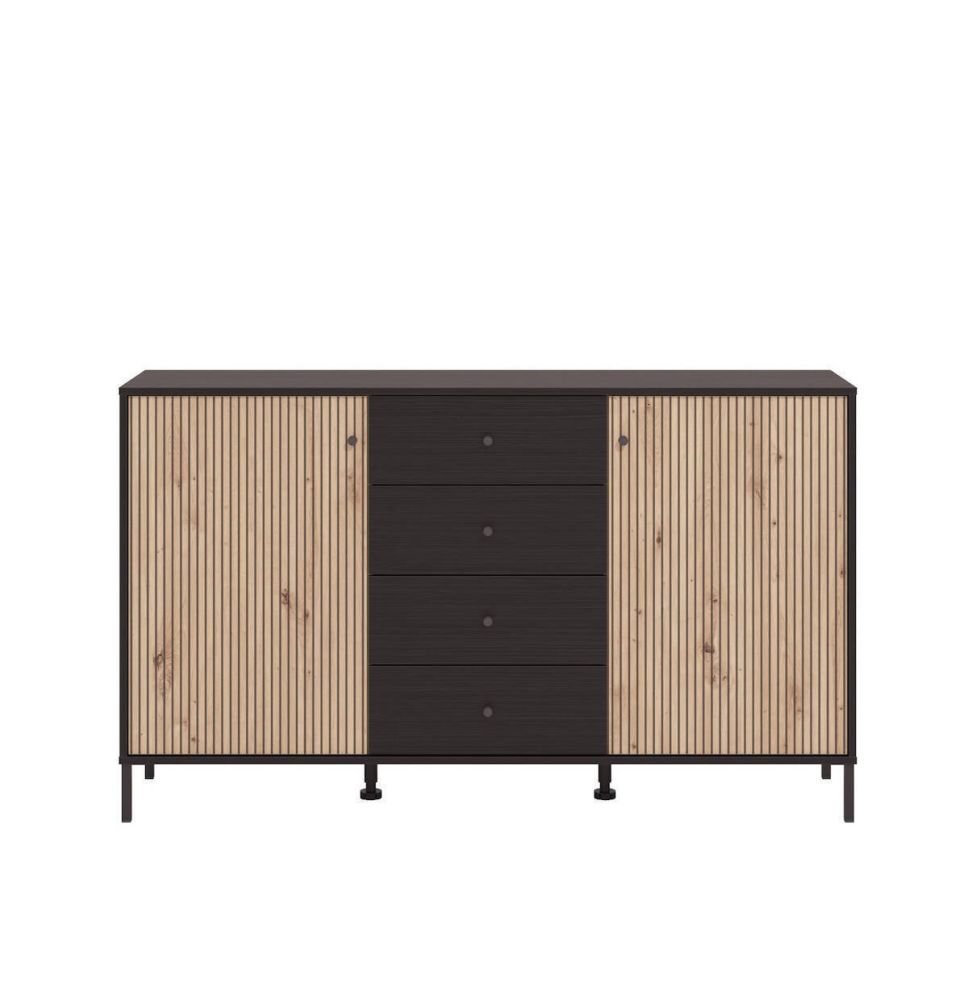 Aparador de Estilo Artisan Negro con 2 Puertas y 4 Cajones - Medidas 157x40x92,5 cm