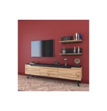 Mueble TV Completo en Melamina Color Roble y Negro, 180x35x48.5 cm, con 2 Estantes