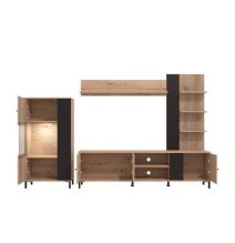 Composición de Salón en Roble Artisan y Negro con Efecto Alistonado- Medidas 263x40x167 cm