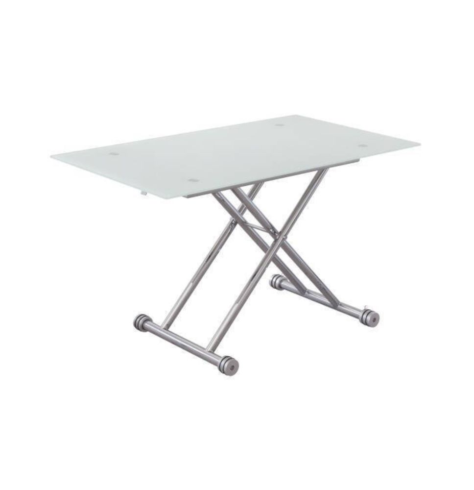 Mesa de Centro Elevable, Cristal de 8 mm y Estructura con Ruedas - Tapa Color Blanco, Mueble Moderno - Medidas 120x70x40-75 cm