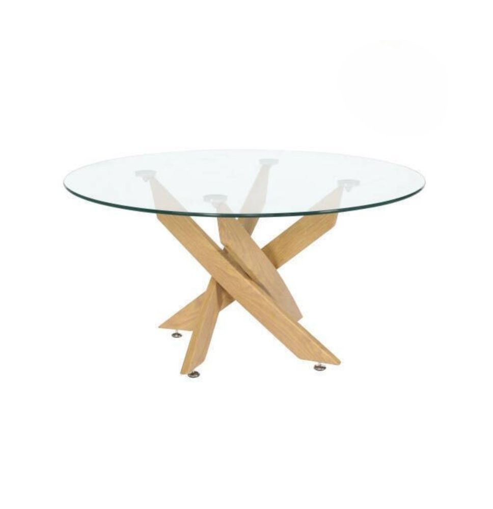 Mesa de Centro Redonda con Tapa de Cristal 8 mm y Patas Metálicas en Acabado Madera - Medidas 80x40 cm