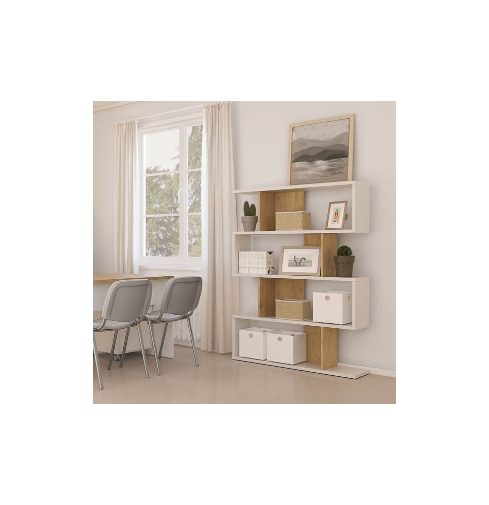 Estantería Salón, Librería, Color Blanco y Roble, Medidas: 152 cm (Alto) x 110 cm (Ancho) x 28,5 cm (Fondo