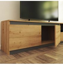 Mueble de TV de Diseño + Modulo Alto de Almacenamiento y 2 Puertas,Roble y Gris 85 cm(Alto) x 200cm (Ancho) x 40cm (Fondo)