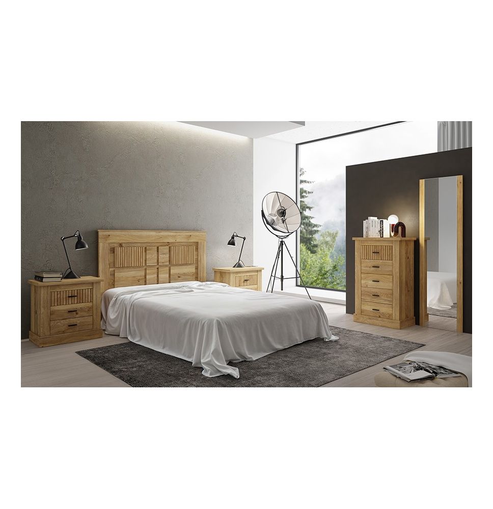 Pack de Muebles de Dormitorio Habitación con Cabecero, 2 Mesitas de Noche 3 Cajones y Sinfonier en Color Mauvella Rayas