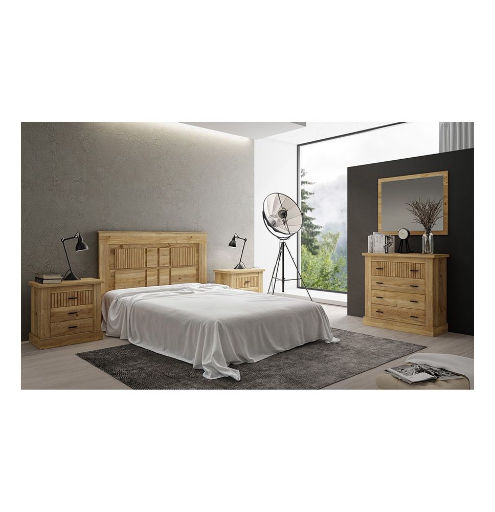 Pack de Muebles de Dormitorio Habitación con Cabecero, 2 Mesitas de Noche 3 Cajones y Cómoda en Color Mauvella Rayas