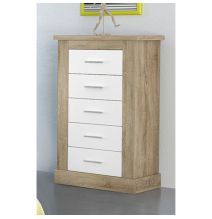 Cómoda, Sinfonier 5 Cajones, Acabado en Blanco y Cambrian, Medidas: 66 cm (Ancho) x 107 cm (Alto) x 39,6 cm de (Fondo)