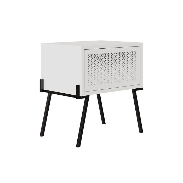 Mesita de noche con 1 cajón Color Blanco y Negro Abatible-48x34x51cm - Diseño moderno